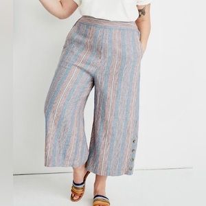 Madewell Blue Cropped Wide Leg Stripe Linen Cotton Pants